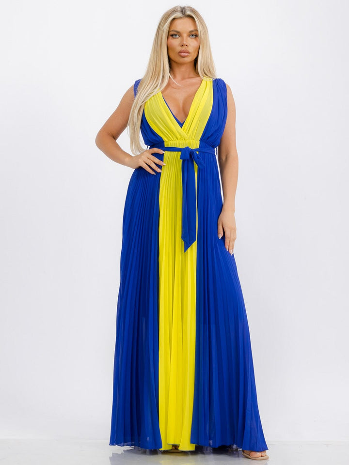 WOMEN'S SLEEVELESS V-NECK SELF TIE PLEATED COLORBLOCK MAXI DRESS