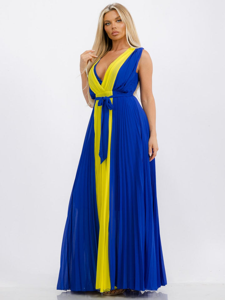 WOMEN'S SLEEVELESS V-NECK SELF TIE PLEATED COLORBLOCK MAXI DRESS