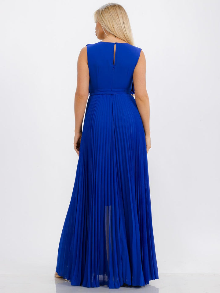 WOMEN'S SLEEVELESS V-NECK SELF TIE PLEATED COLORBLOCK MAXI DRESS