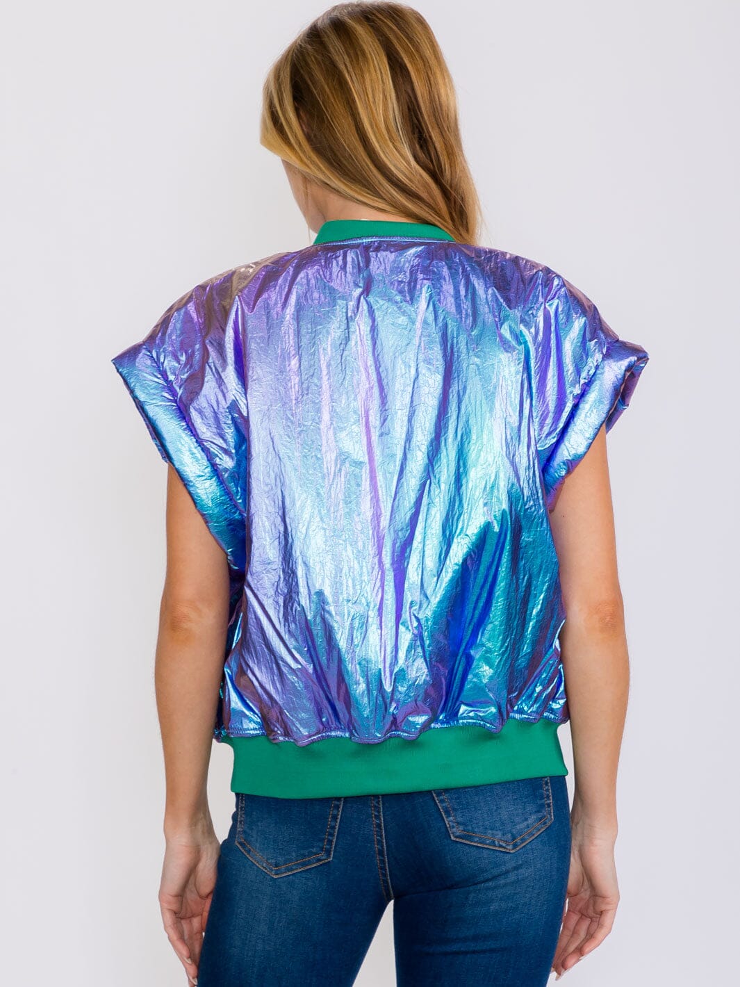 WOMEN'S SLEEVELESS ZIP UP FRONT POCKETS METALLIC VEST