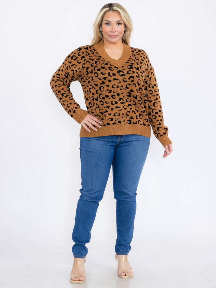 PLUS SIZE LONG SLEEVES V-NECK PULLOVER COLORBLOCK ANIMAL PRINT SWEATER