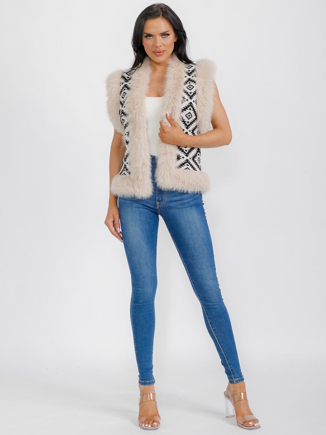 WOMEN'S SLEEVELESS OPEN FRONT PRINTED FUZZY VEST