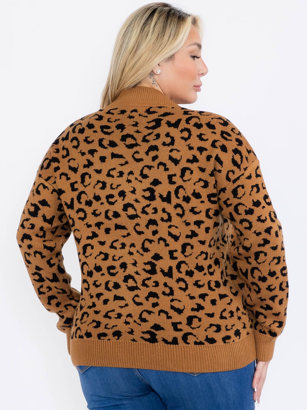PLUS SIZE LONG SLEEVES V-NECK PULLOVER COLORBLOCK ANIMAL PRINT SWEATER