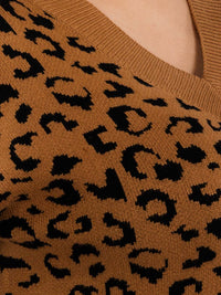 PLUS SIZE LONG SLEEVES V-NECK PULLOVER COLORBLOCK ANIMAL PRINT SWEATER