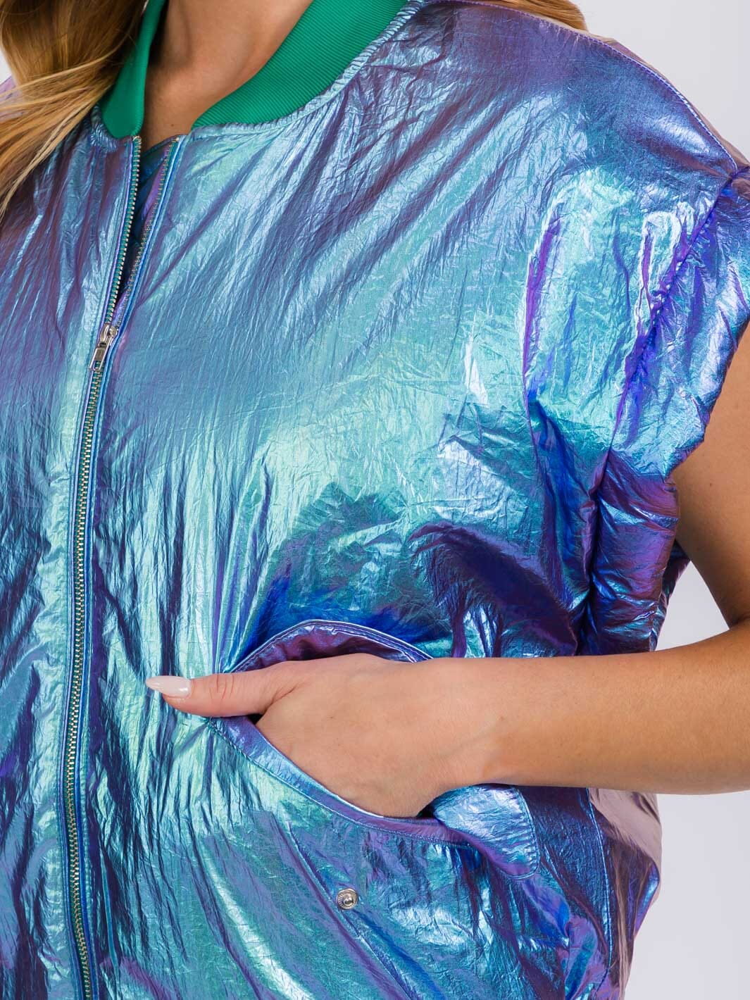 WOMEN'S SLEEVELESS ZIP UP FRONT POCKETS METALLIC VEST