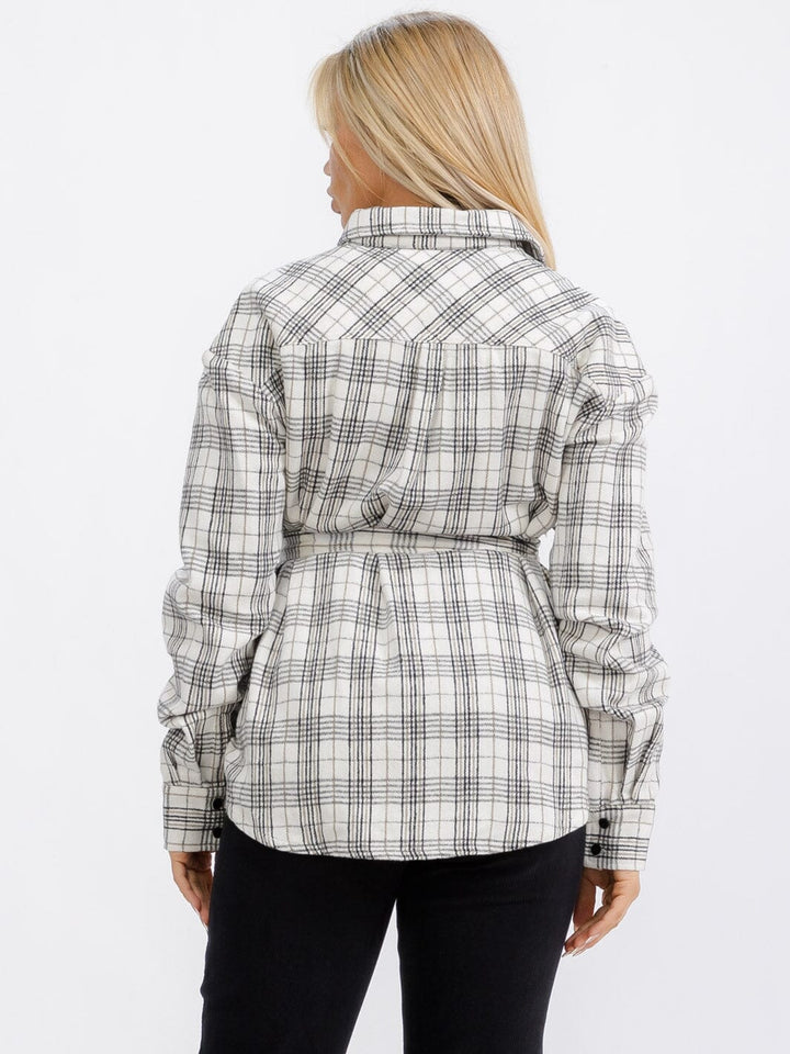 WOMEN'S LONG SLEEVE BUTTON UP SELF TIE FRONT POCKETS PLAID TOP