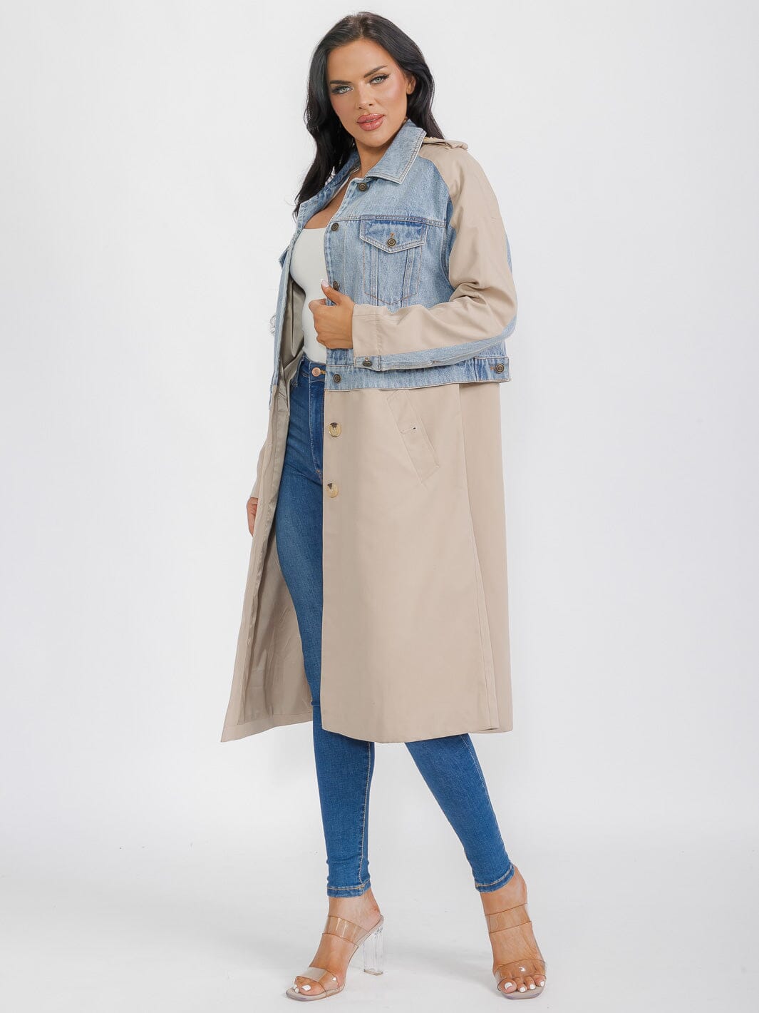 WOMEN'S LONG SLEEVE BUTTON CLOSURE POCKETS DENIM CONTRAST COAT