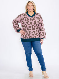 PLUS SIZE LONG SLEEVE ANIMAL PRINT PULLOVER COLORBLOCK SWEATER