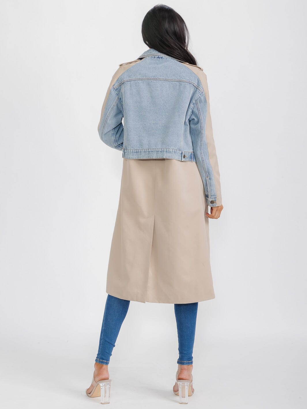 WOMEN'S LONG SLEEVE BUTTON CLOSURE POCKETS DENIM CONTRAST COAT