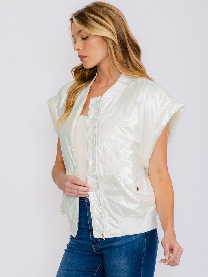 WOMEN'S SLEEVELESS ZIP UP FRONT POCKETS METALLIC VEST