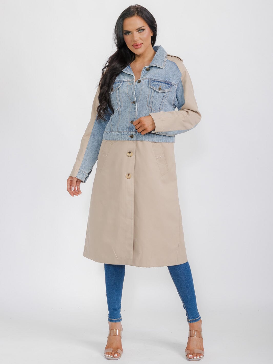WOMEN'S LONG SLEEVE BUTTON CLOSURE POCKETS DENIM CONTRAST COAT