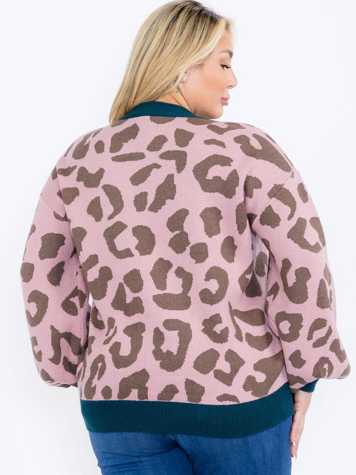 PLUS SIZE LONG SLEEVE ANIMAL PRINT PULLOVER COLORBLOCK SWEATER