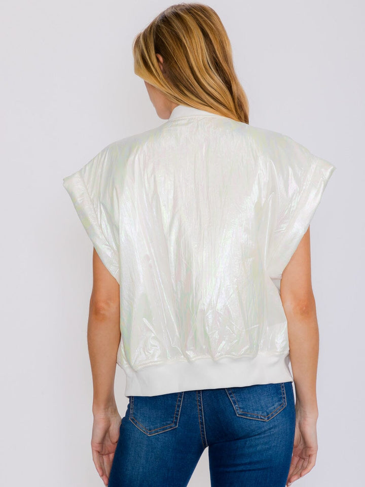 WOMEN'S SLEEVELESS ZIP UP FRONT POCKETS METALLIC VEST