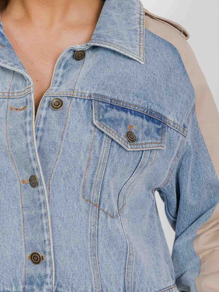 WOMEN'S LONG SLEEVE BUTTON CLOSURE POCKETS DENIM CONTRAST COAT