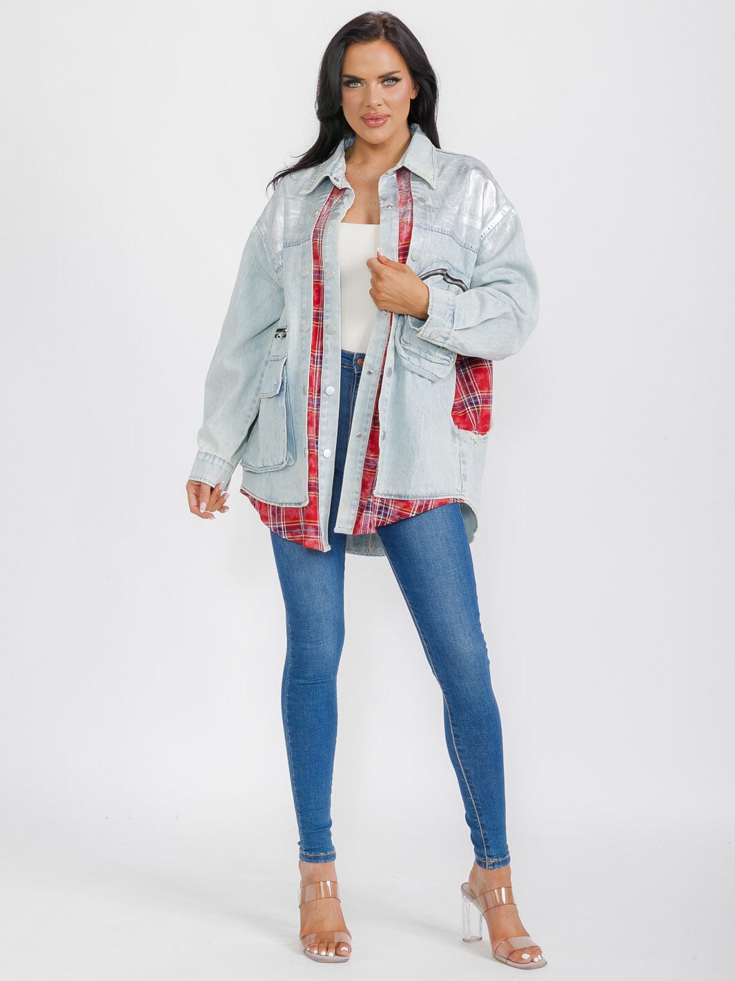 WOMEN'S LONG SLEEVE BUTTON CLOSURE POCKETS DENIM PLAID CONTRAST SHIMMER JACKET