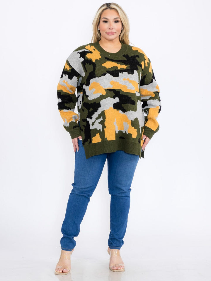 PLUS SIZE LONG SLEEVE CAMO PRINT PULLOVER SWEATER