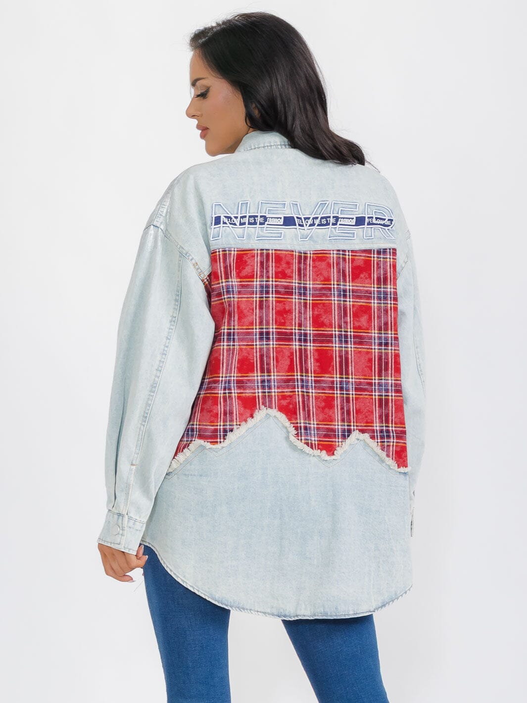 WOMEN'S LONG SLEEVE BUTTON CLOSURE POCKETS DENIM PLAID CONTRAST SHIMMER JACKET