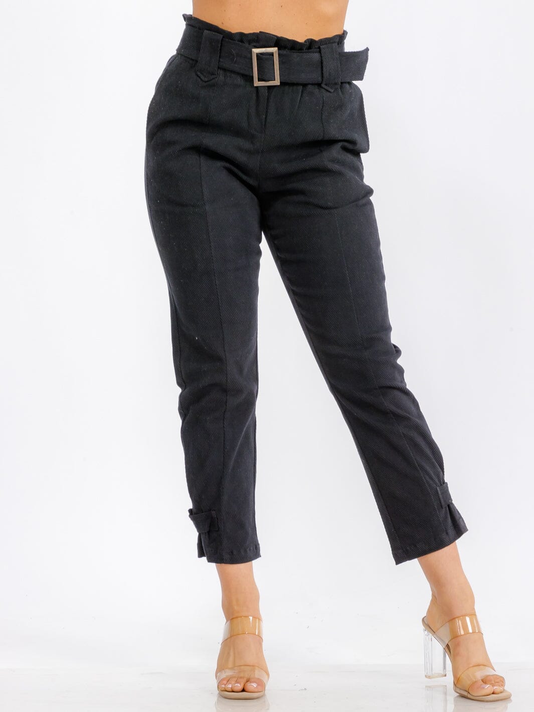 WOMEN'S BUTTON CLOSURE POCKETS BELTED PANTS