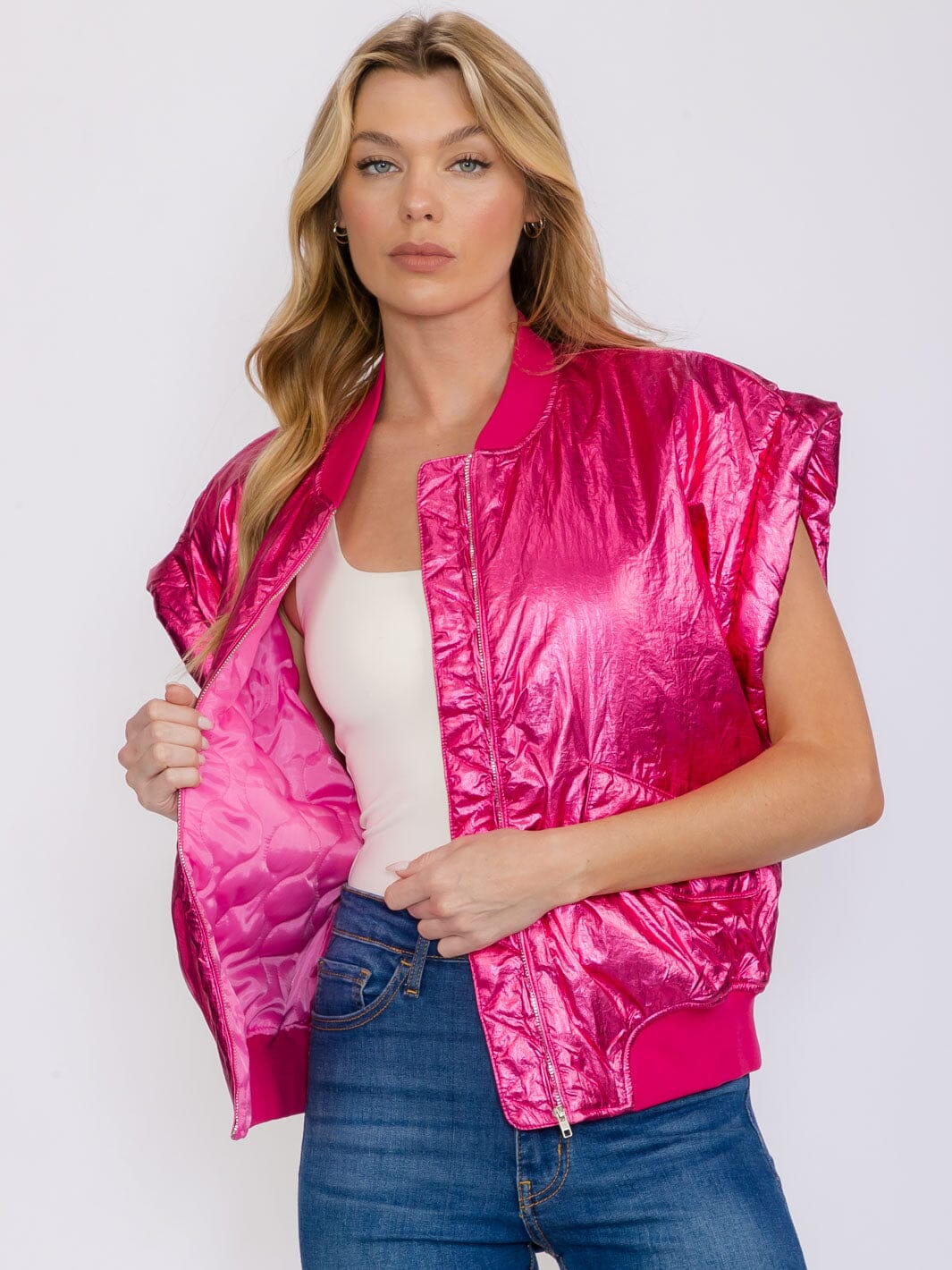 WOMEN'S SLEEVELESS ZIP UP FRONT POCKETS METALLIC VEST