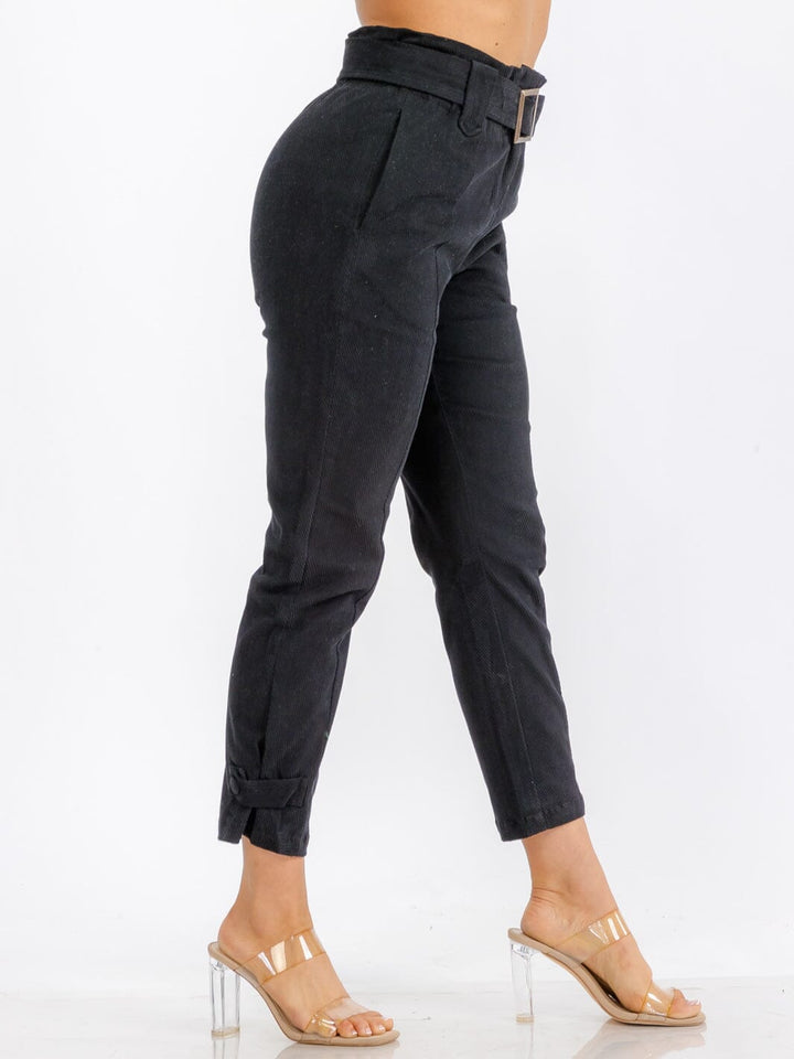WOMEN'S BUTTON CLOSURE POCKETS BELTED PANTS