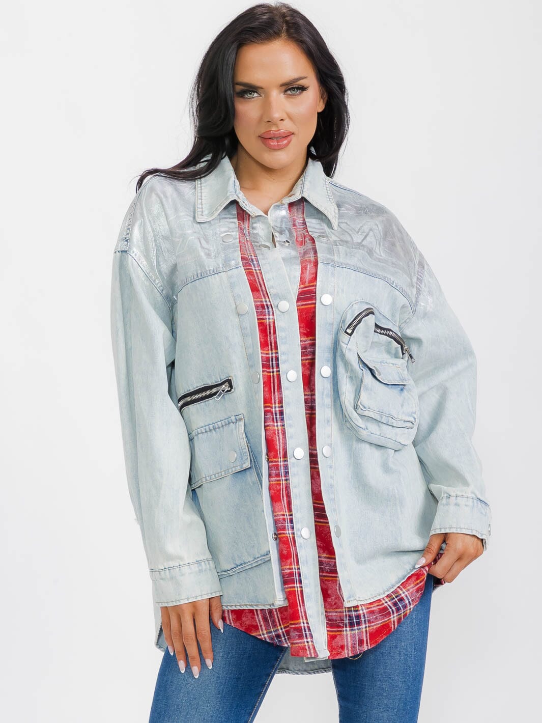 WOMEN'S LONG SLEEVE BUTTON CLOSURE POCKETS DENIM PLAID CONTRAST SHIMMER JACKET