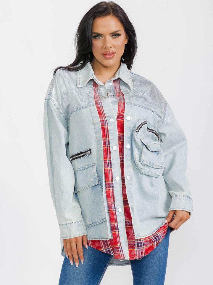 WOMEN'S LONG SLEEVE BUTTON CLOSURE POCKETS DENIM PLAID CONTRAST SHIMMER JACKET