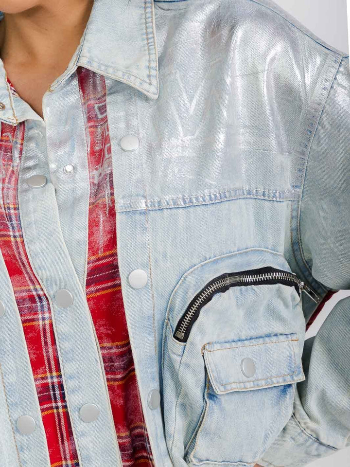 WOMEN'S LONG SLEEVE BUTTON CLOSURE POCKETS DENIM PLAID CONTRAST SHIMMER JACKET
