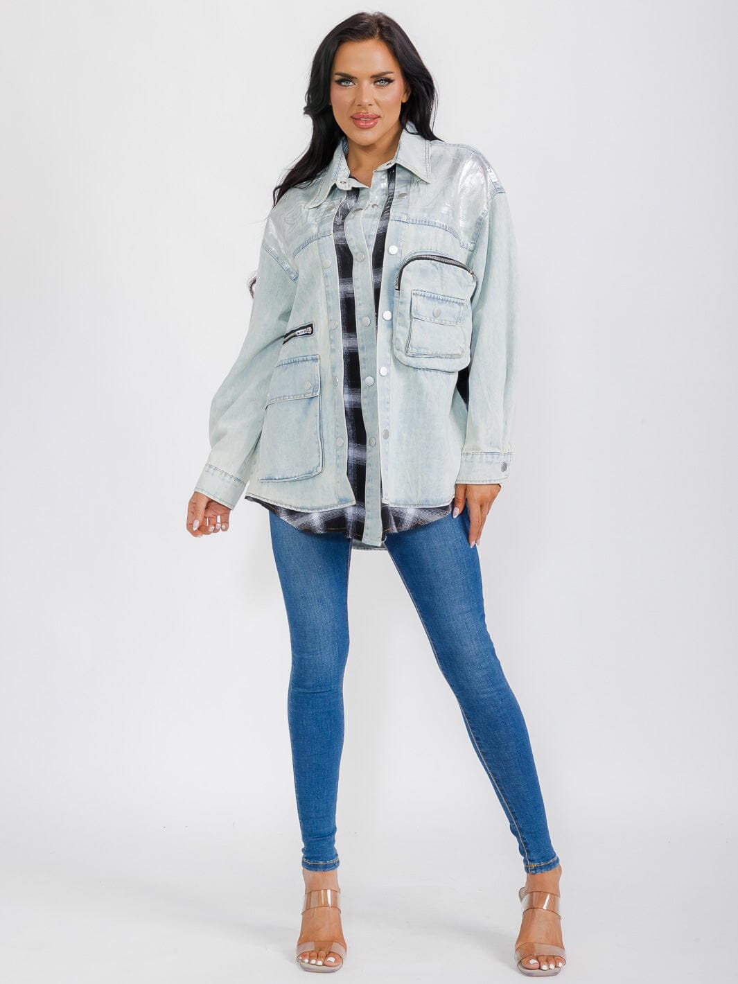 WOMEN'S LONG SLEEVE BUTTON CLOSURE POCKETS DENIM PLAID CONTRAST SHIMMER JACKET