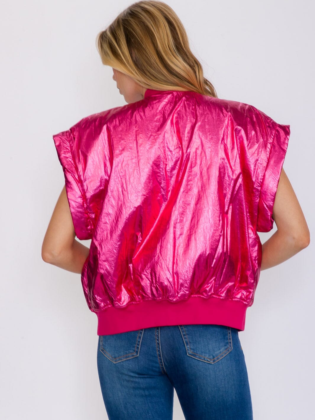 WOMEN'S SLEEVELESS ZIP UP FRONT POCKETS METALLIC VEST