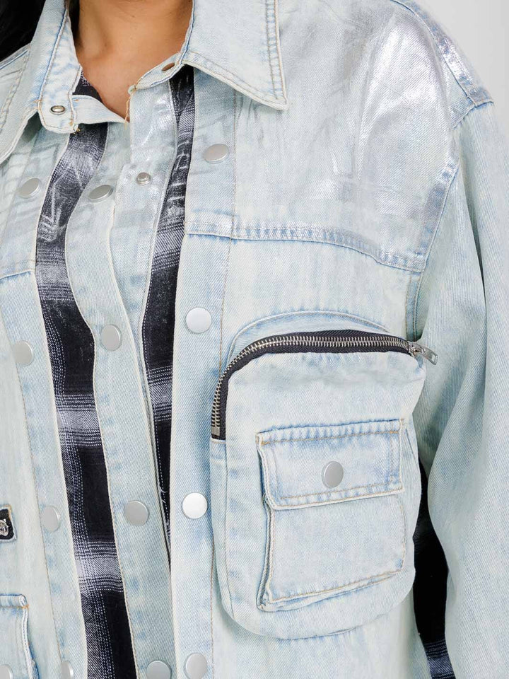 WOMEN'S LONG SLEEVE BUTTON CLOSURE POCKETS DENIM PLAID CONTRAST SHIMMER JACKET