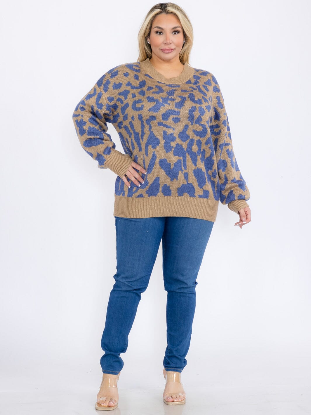 PLUS SIZE LONG SLEEVE ANIMAL PRINT PULLOVER COLORBLOCK SWEATER