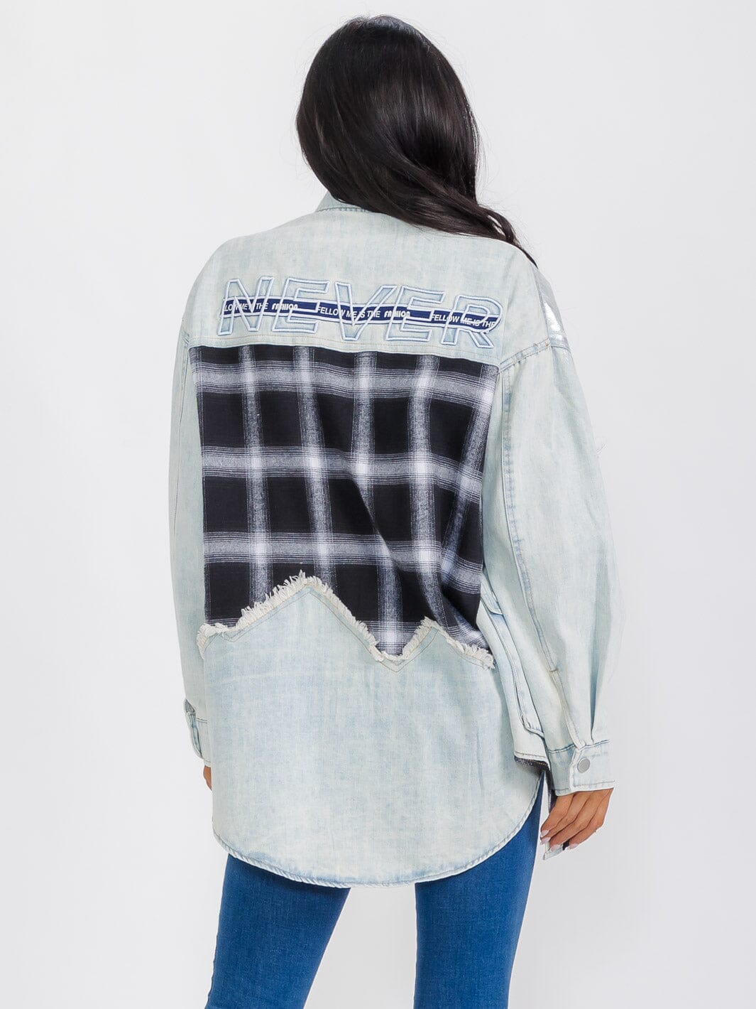 WOMEN'S LONG SLEEVE BUTTON CLOSURE POCKETS DENIM PLAID CONTRAST SHIMMER JACKET