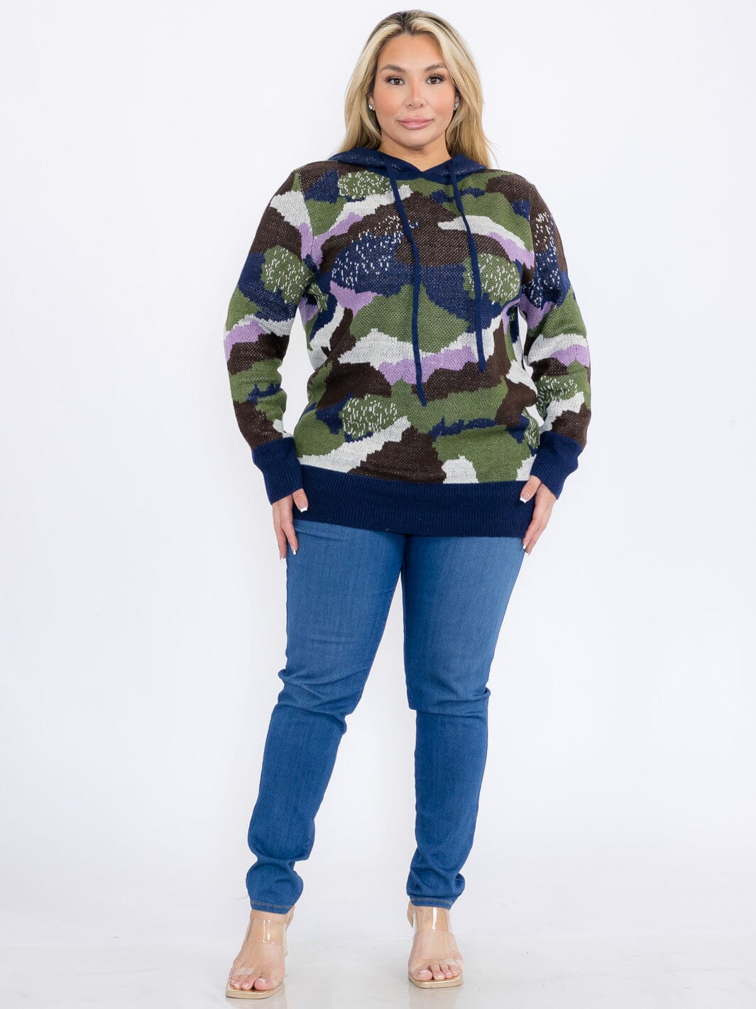 PLUS SIZE LONG SLEEVE CAMO PRINT PULLOVER HOODED SWEATER