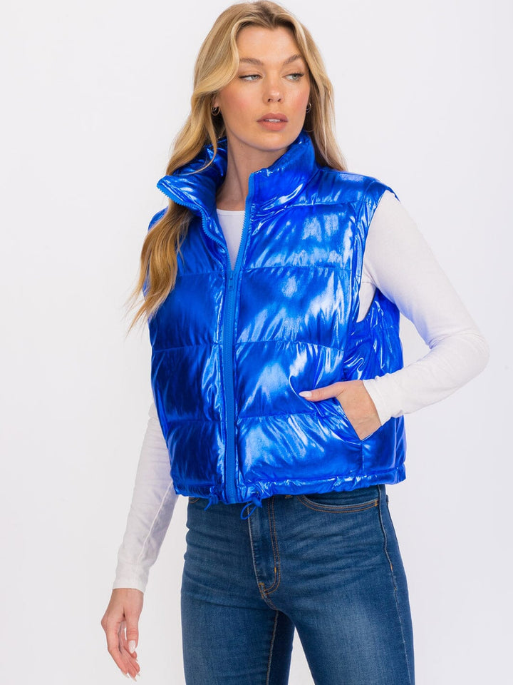 WOMEN'S SLEEVELESS ZIP UP FRONT POCKETS METALLIC PUFFER VEST