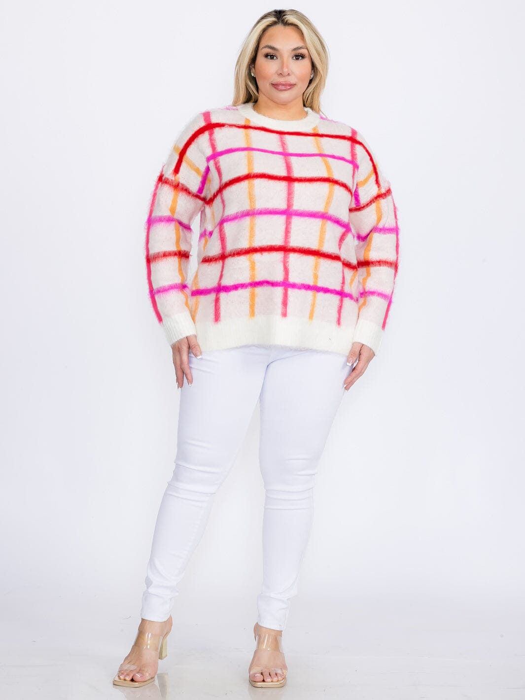 PLUS SIZE LONG SLEEVE CHECKERS PRINT PULLOVER SWEATER