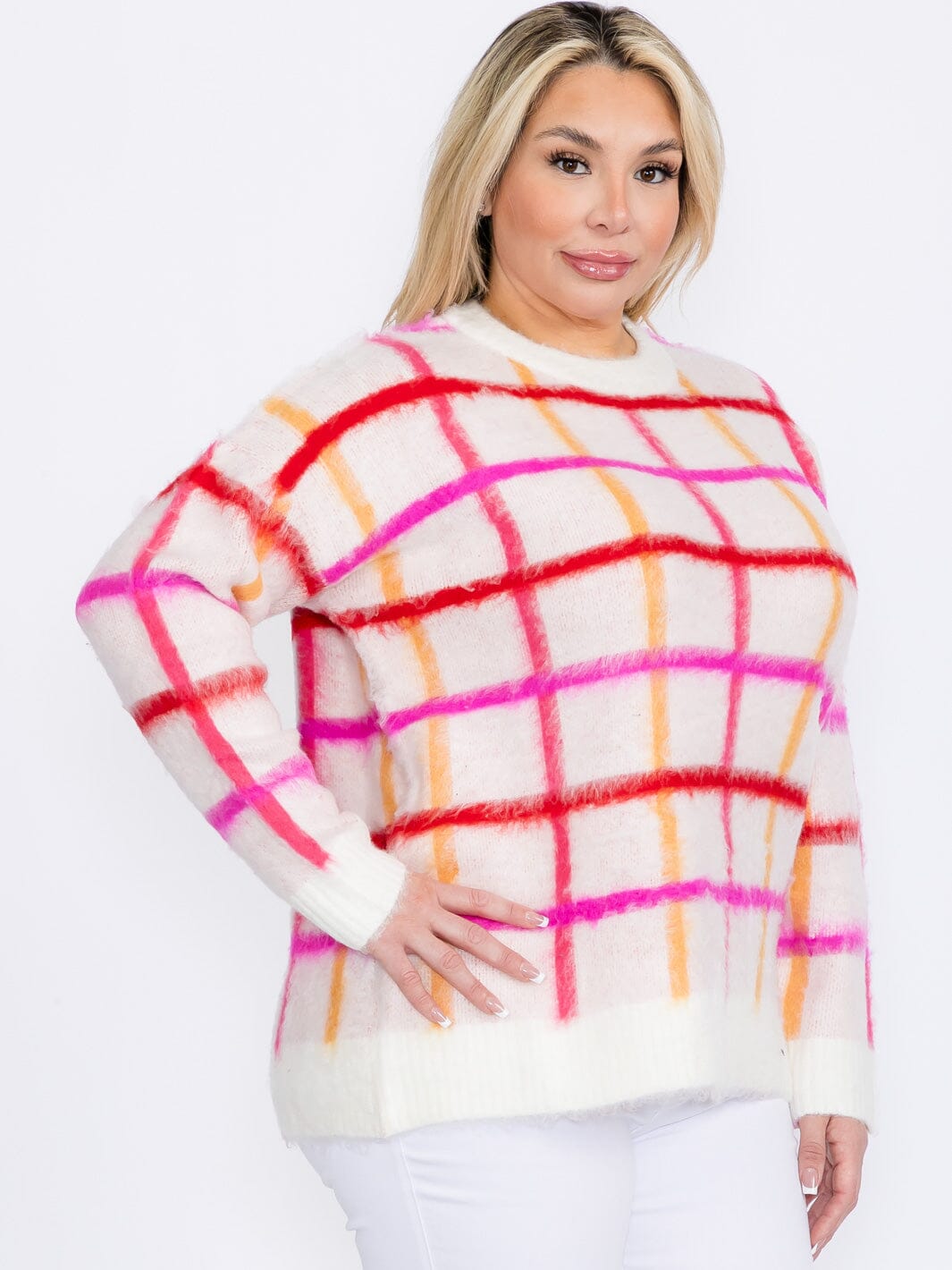 PLUS SIZE LONG SLEEVE CHECKERS PRINT PULLOVER SWEATER