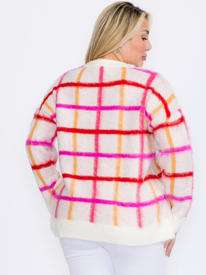 PLUS SIZE LONG SLEEVE CHECKERS PRINT PULLOVER SWEATER