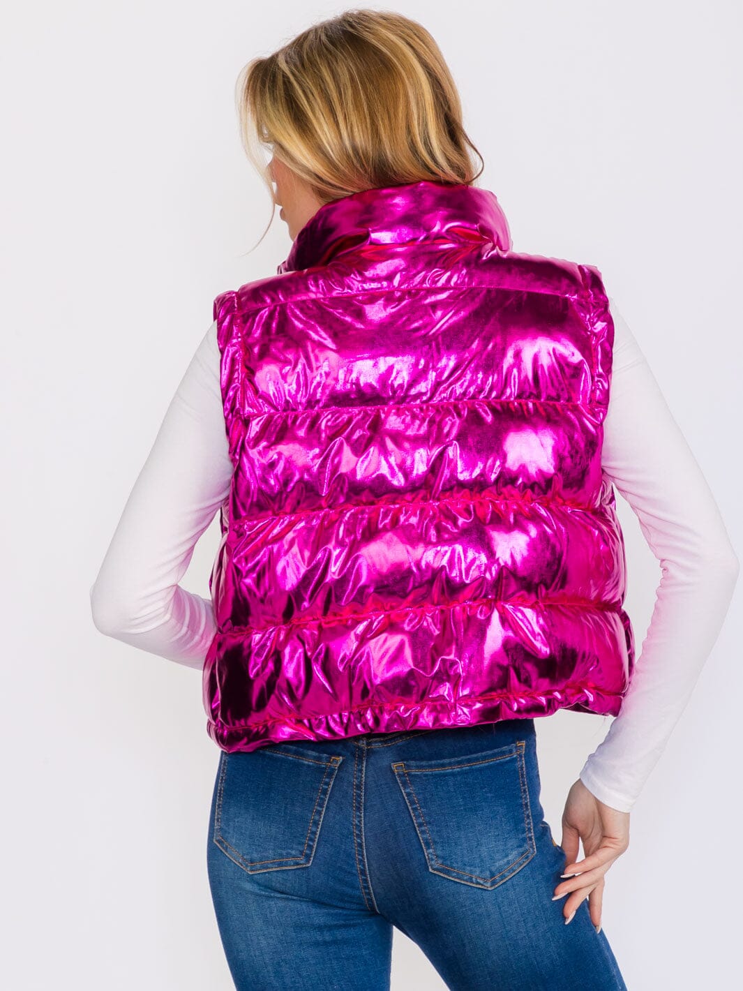 WOMEN'S SLEEVELESS ZIP UP FRONT POCKETS METALLIC PUFFER VEST