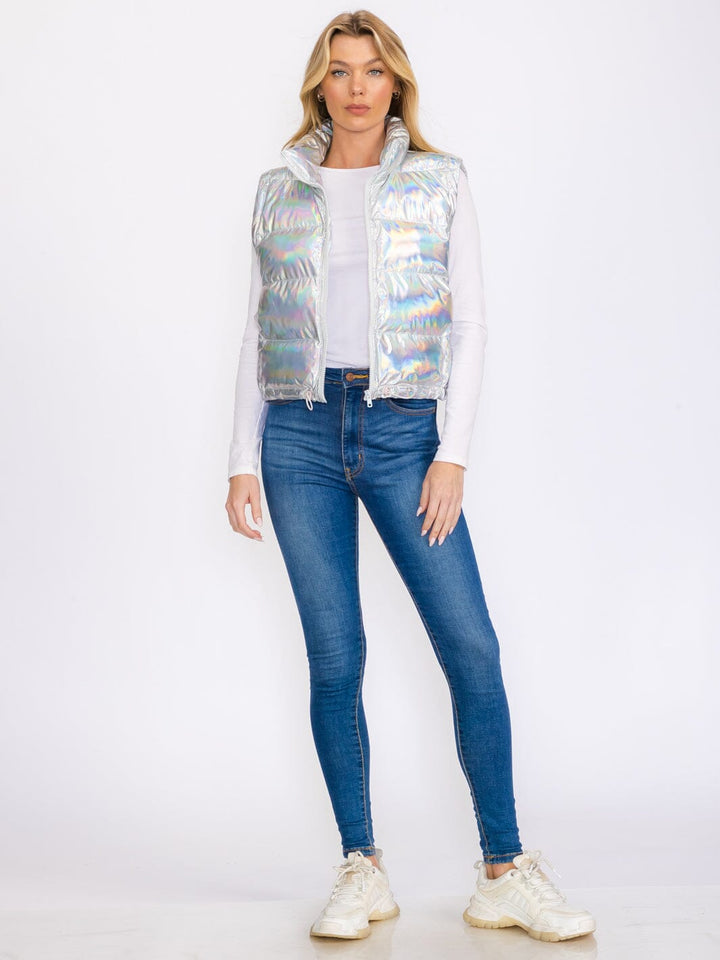 WOMEN'S SLEEVELESS ZIP UP FRONT POCKETS METALLIC PUFFER VEST