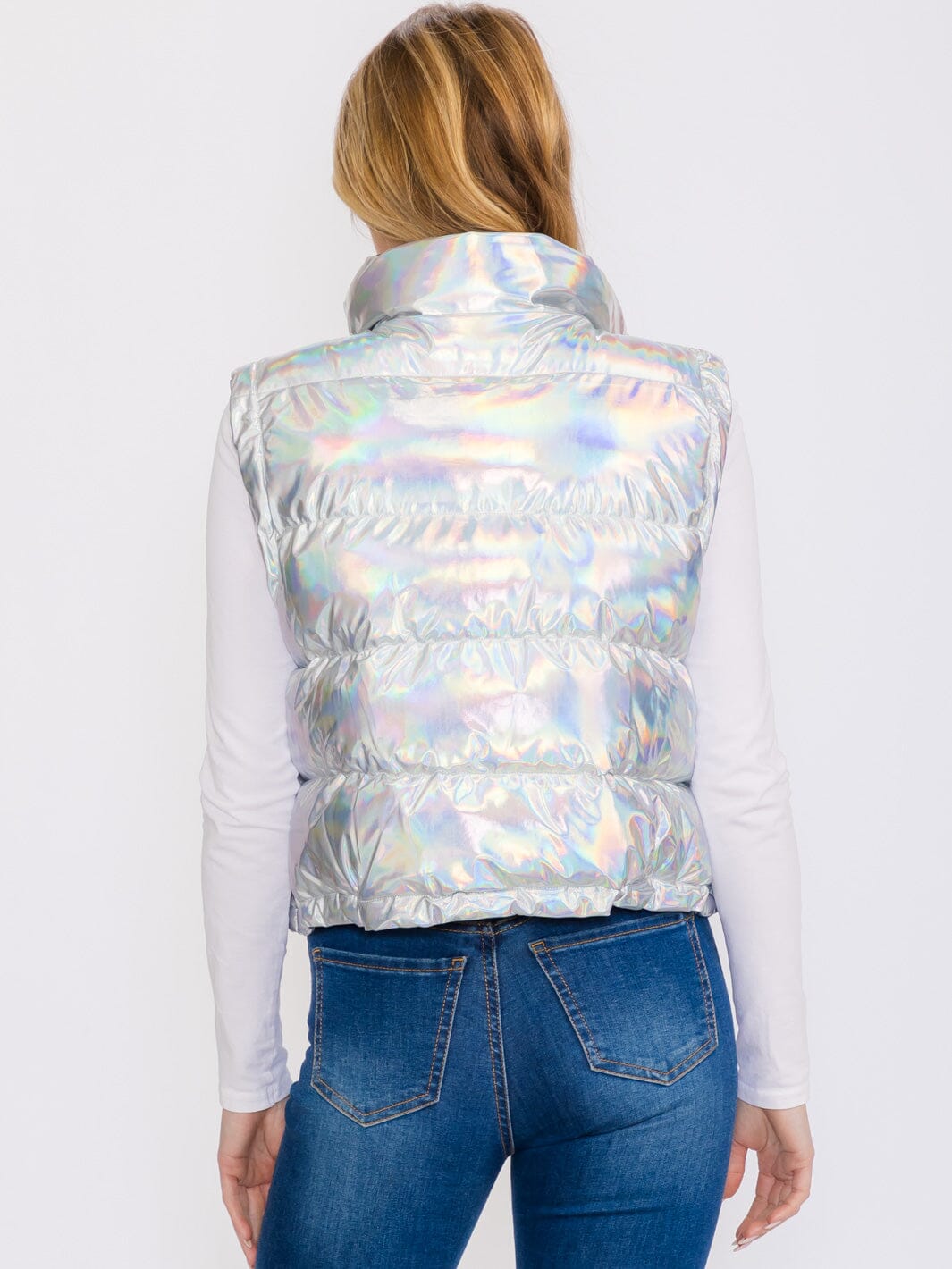 WOMEN'S SLEEVELESS ZIP UP FRONT POCKETS METALLIC PUFFER VEST