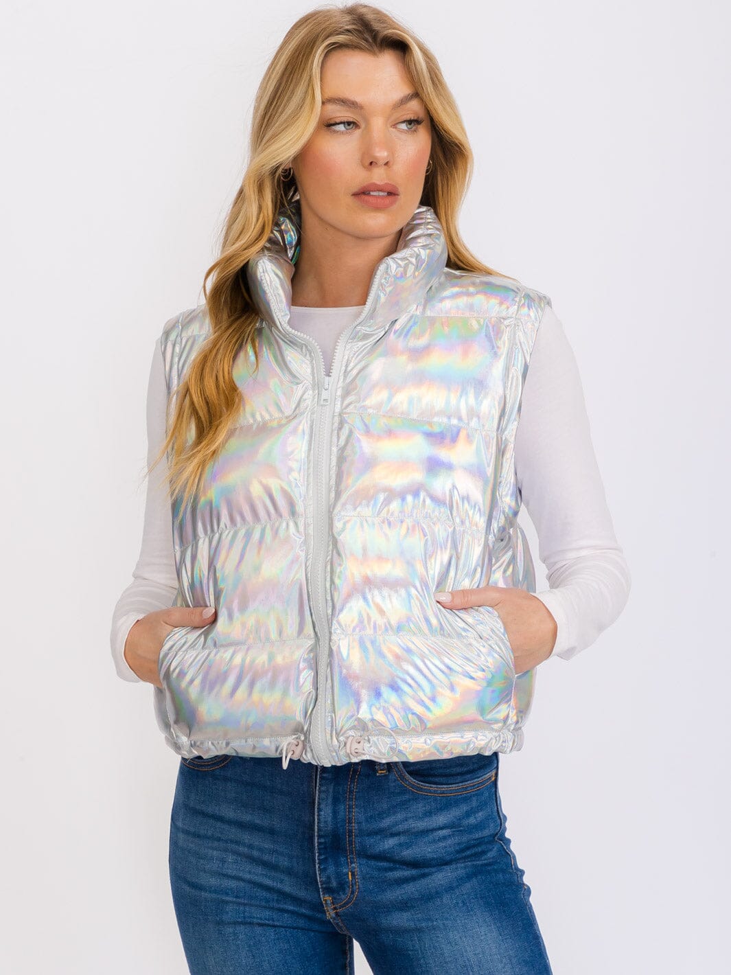 WOMEN'S SLEEVELESS ZIP UP FRONT POCKETS METALLIC PUFFER VEST