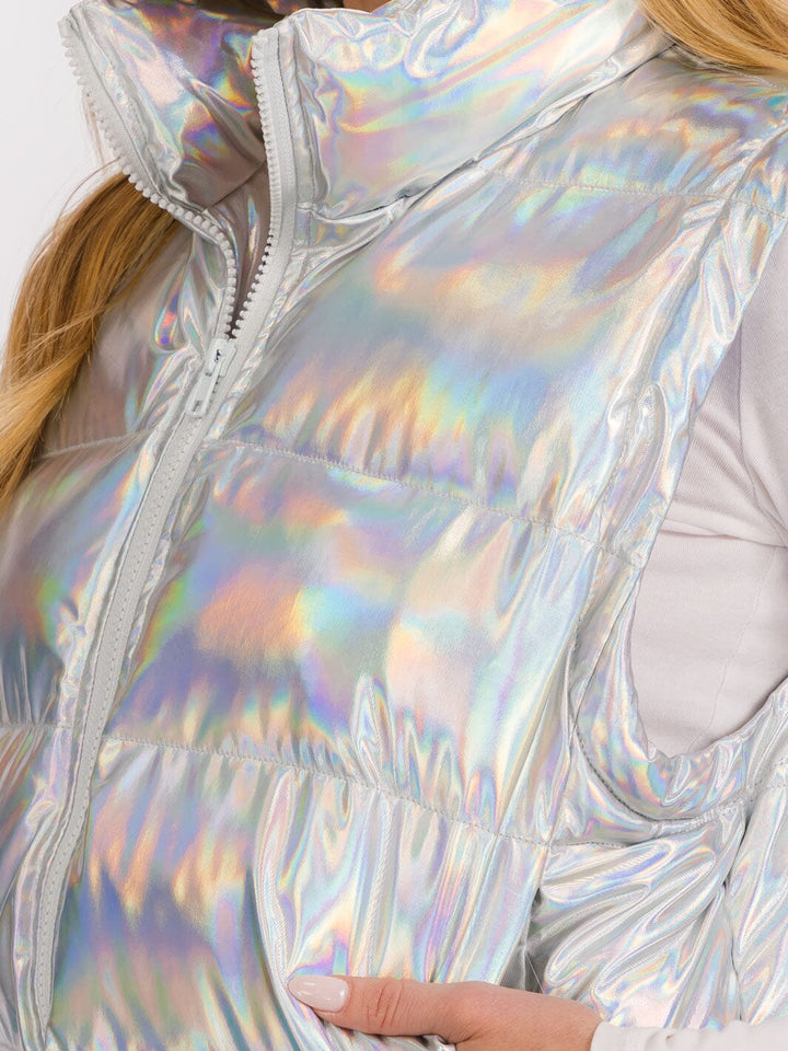 WOMEN'S SLEEVELESS ZIP UP FRONT POCKETS METALLIC PUFFER VEST