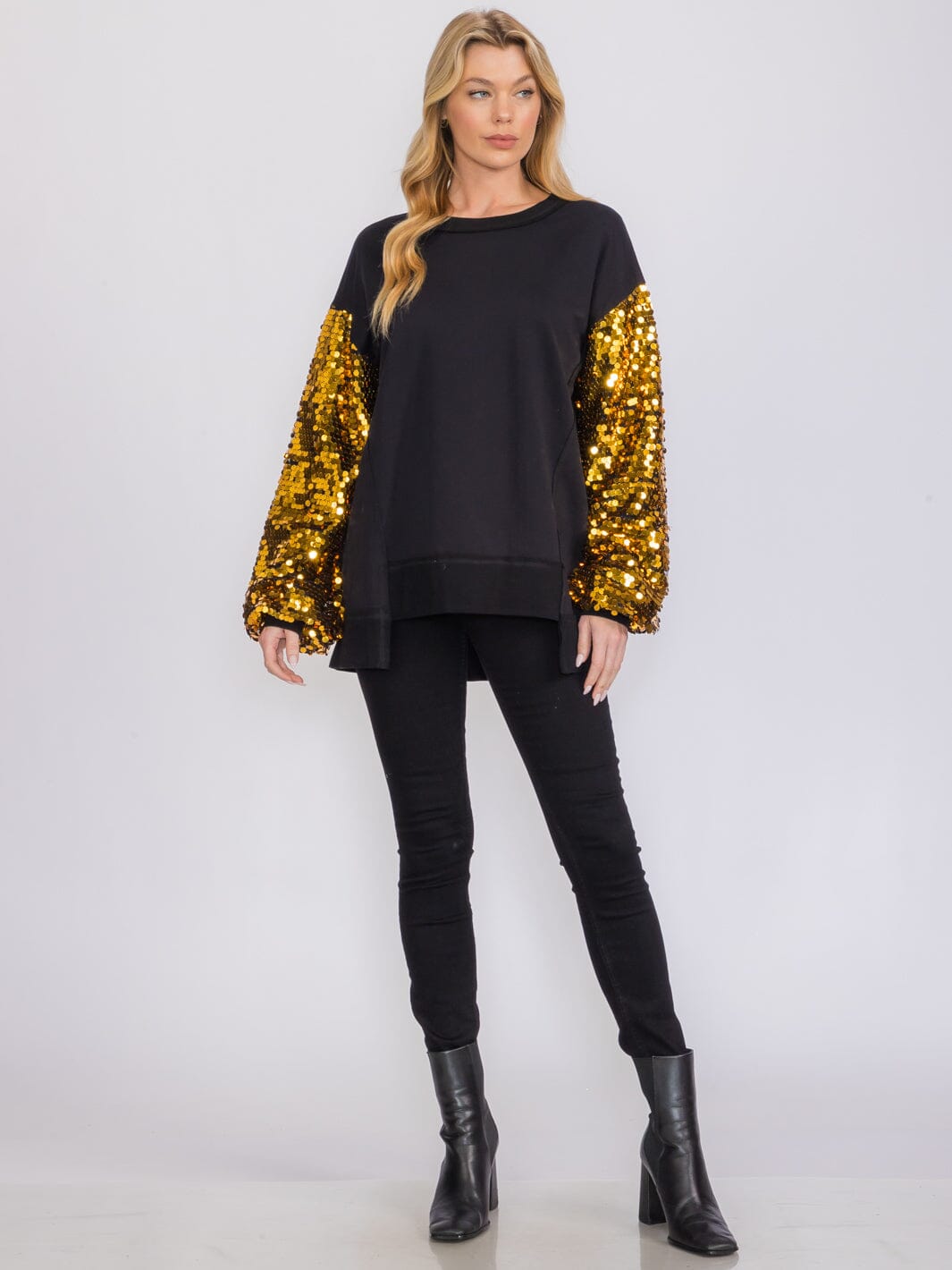 WOMEN'S LONG SEQUINS SLEEVES PULLOVER HIGH-LOW SWEATER
