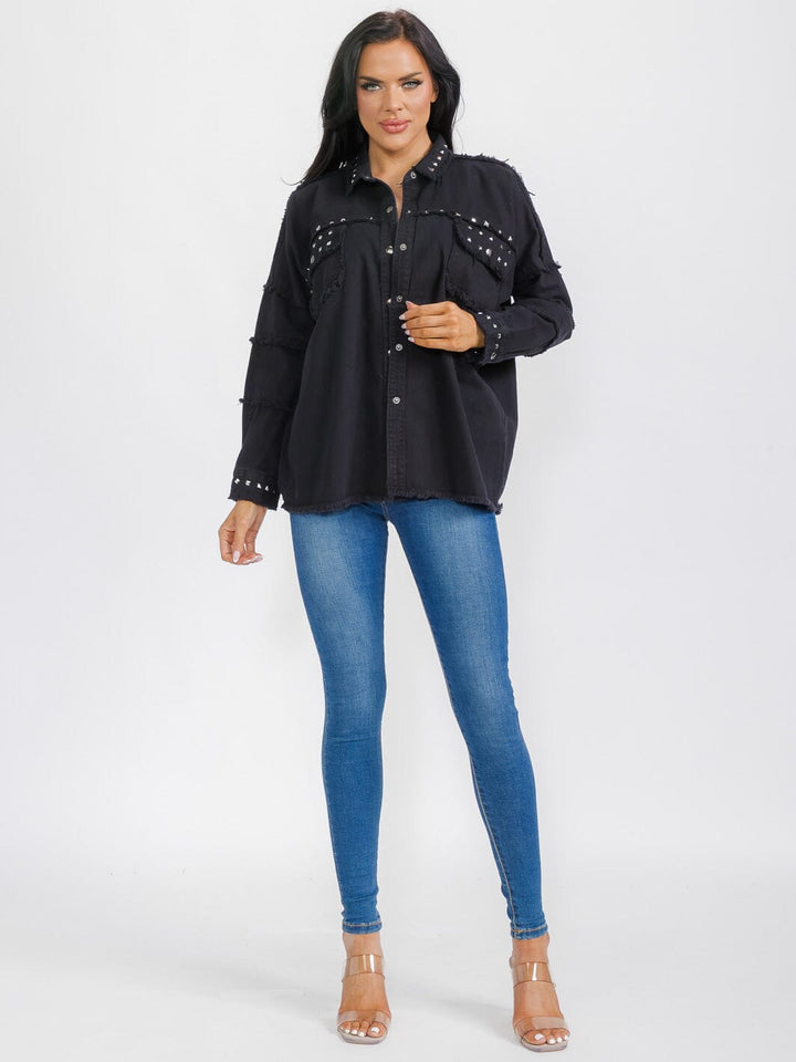 WOMEN'S LONG SLEEVE BUTTON CLOSURE STUDS DETAILED DENIM JACKET
