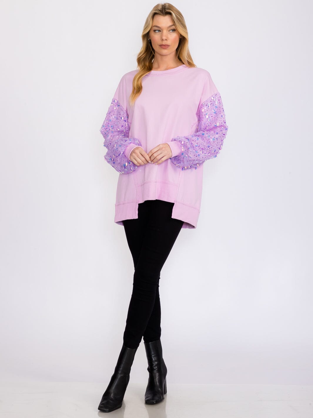 WOMEN'S LONG SEQUINS SLEEVES PULLOVER HIGH-LOW SWEATER