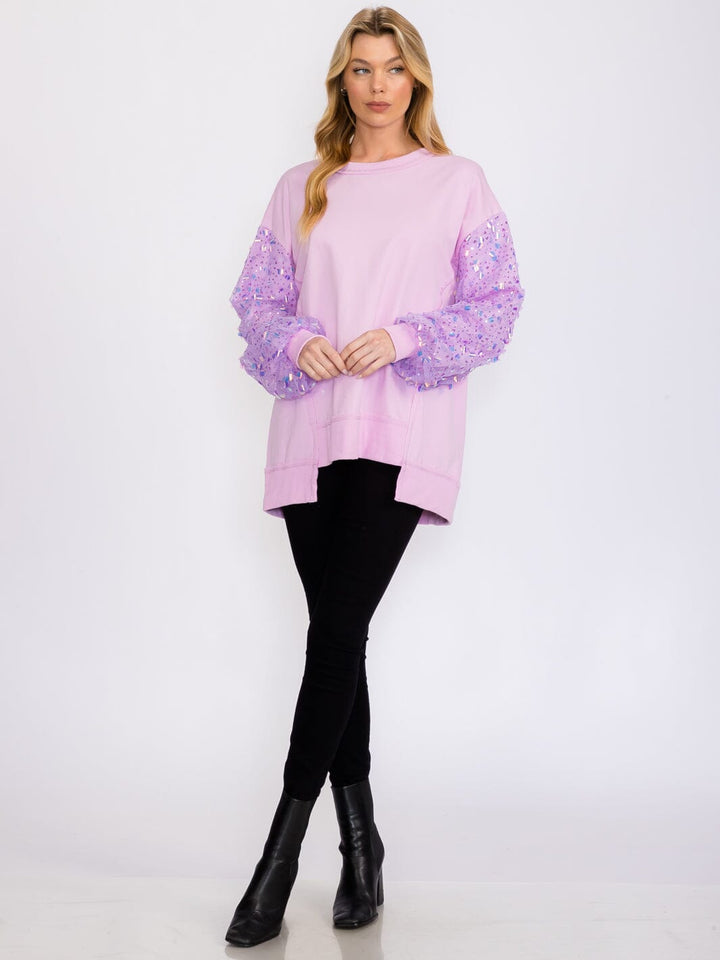 WOMEN'S LONG SEQUINS SLEEVES PULLOVER HIGH-LOW SWEATER