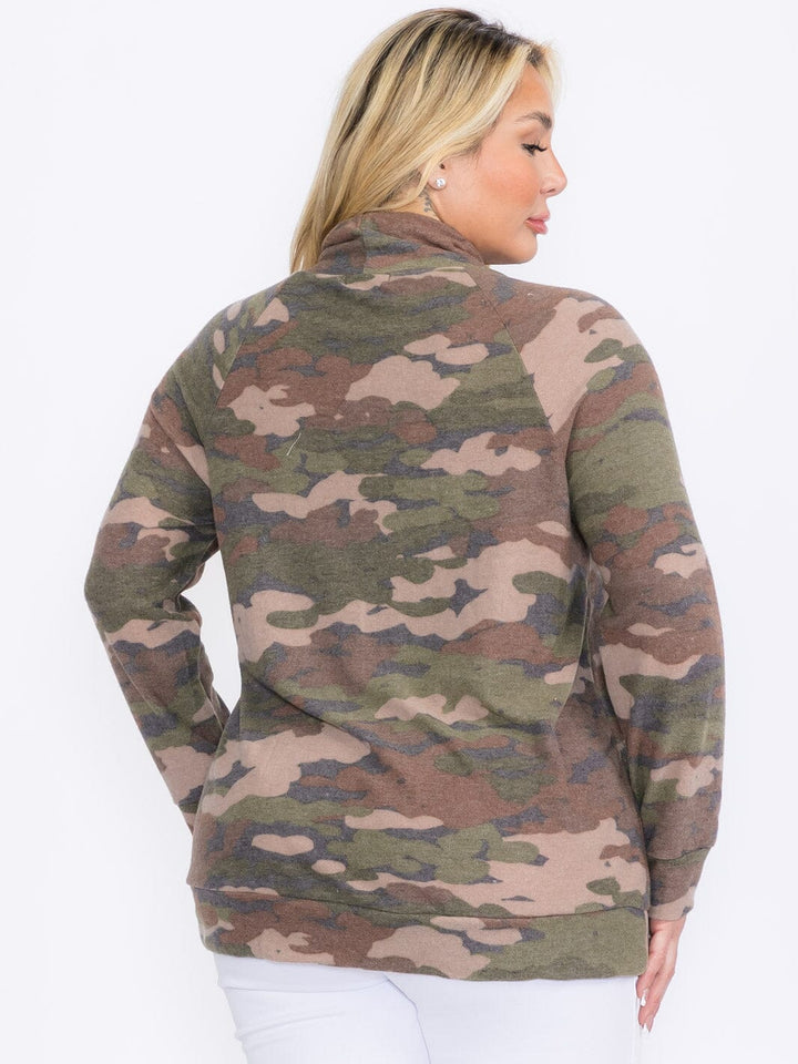 PLUS SIZE LONG SLEEVE CAMO PRINT PULLOVER TURTLE NECK SWEATER
