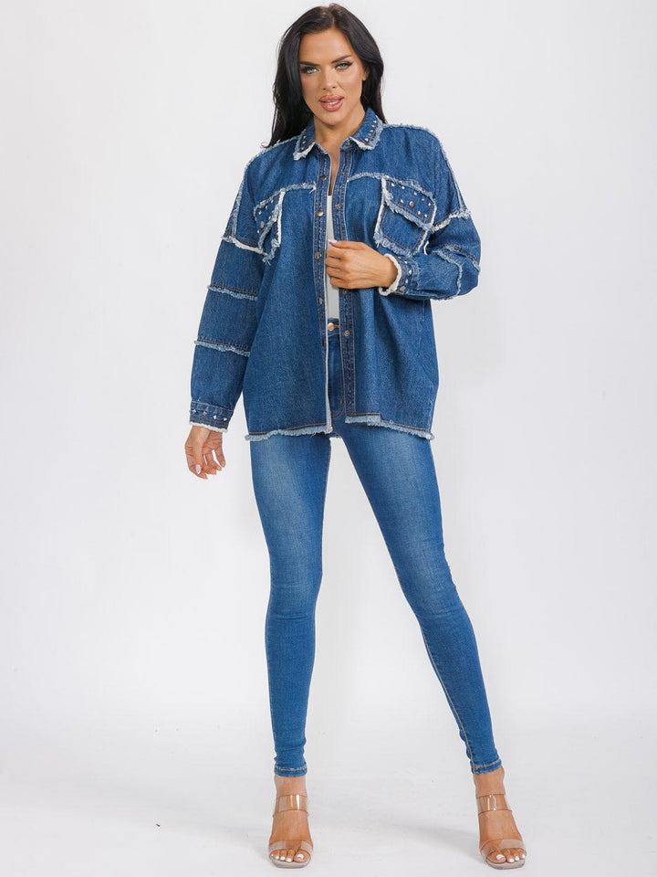 WOMEN'S LONG SLEEVE BUTTON CLOSURE STUDS DETAILED DENIM JACKET