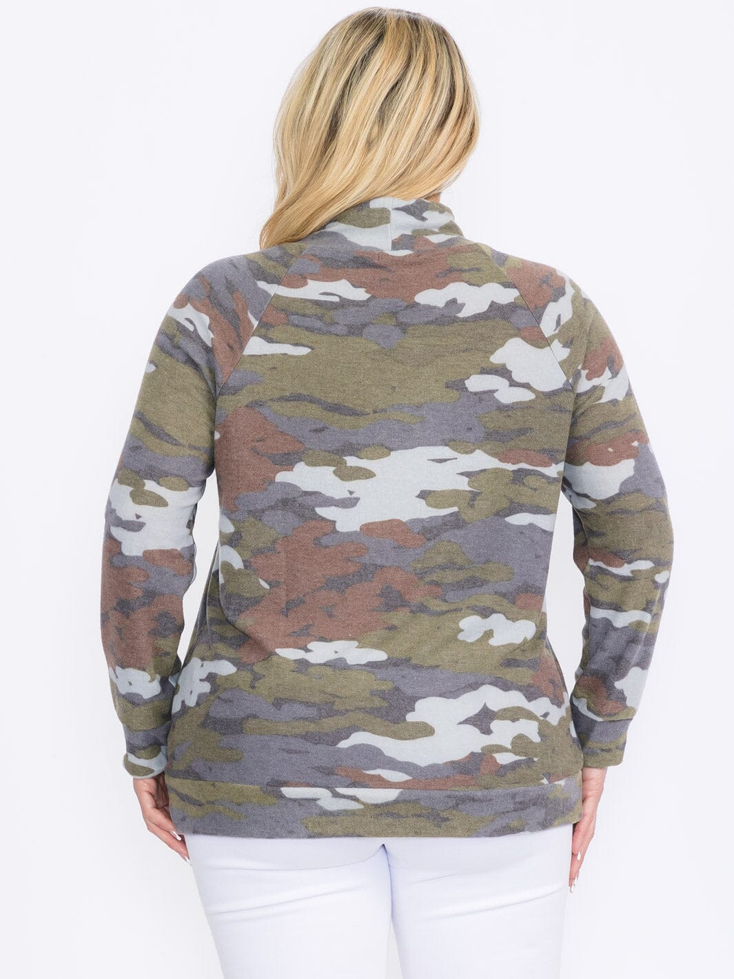 PLUS SIZE LONG SLEEVE CAMO PRINT PULLOVER TURTLE NECK SWEATER