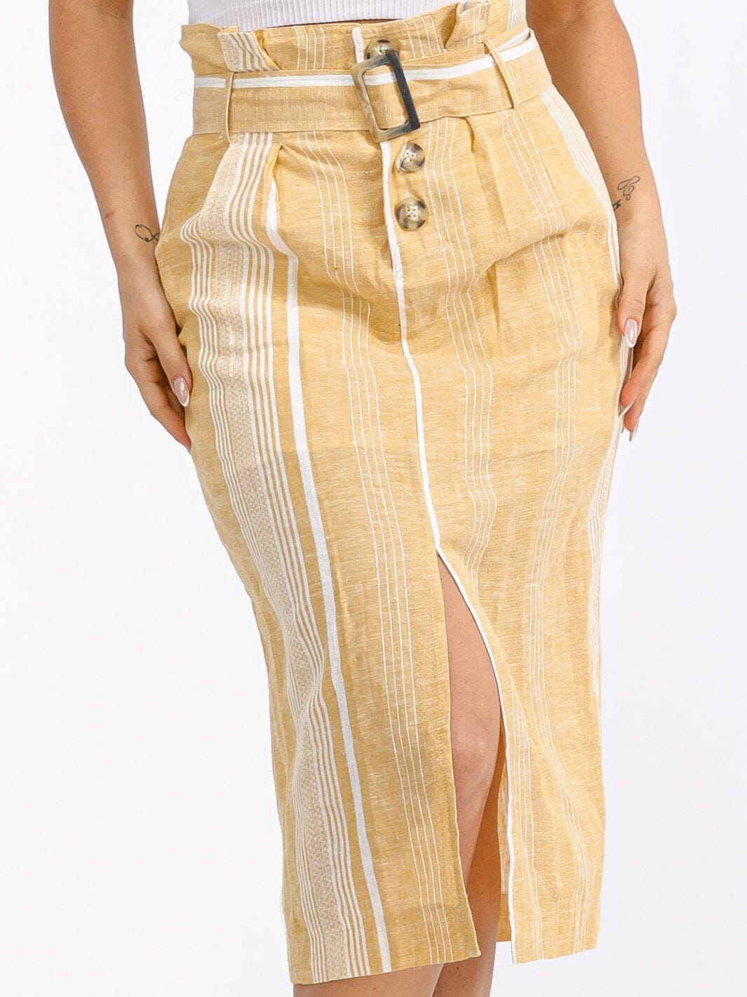 WOMEN'S BUTTON CLOSURE FRONT BELT TWO TONE SLIT MIDI SKIRT
